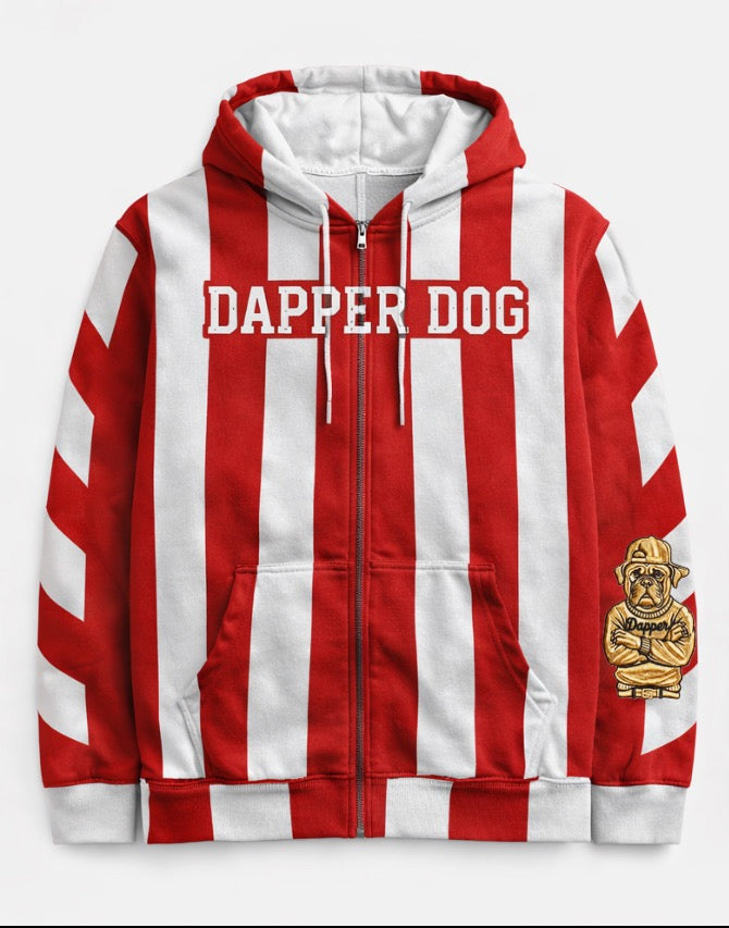Dapper Dog Barber Stripe Red White Zip-Up Hoodie